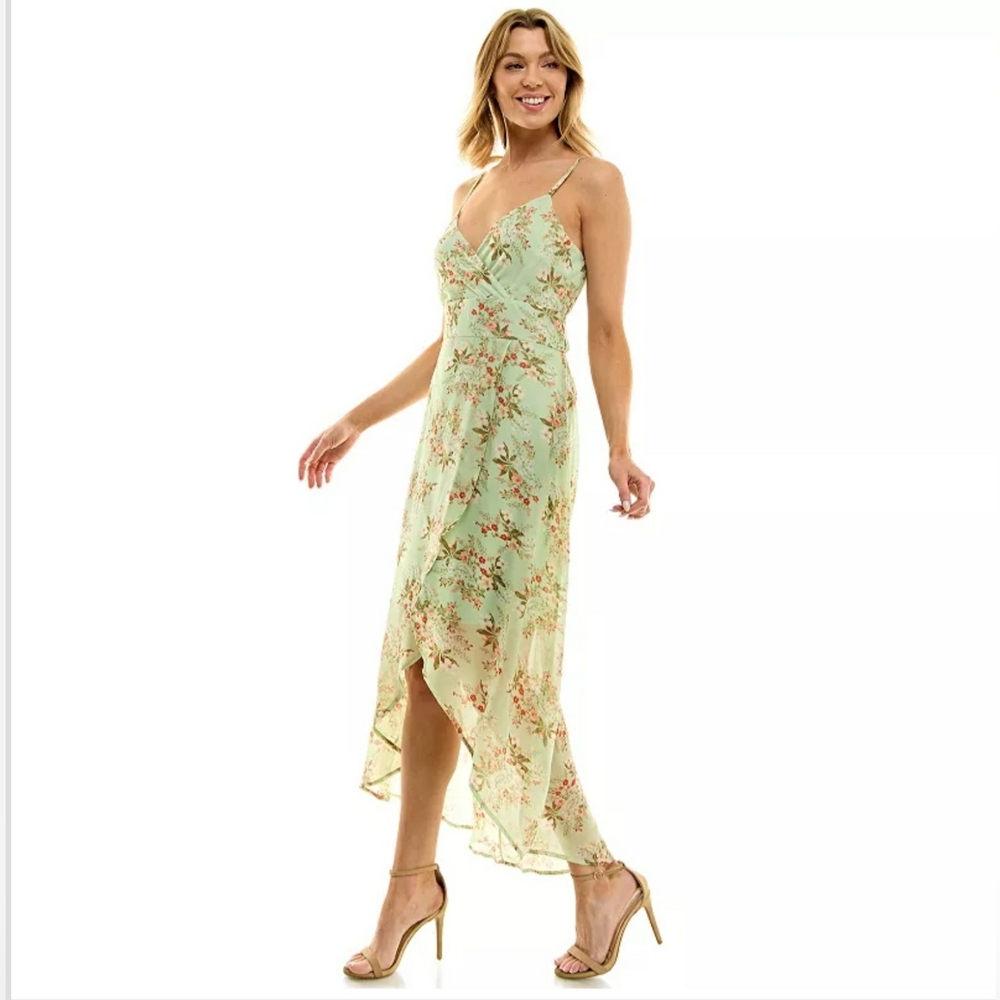 🏷AS U WISH Floral  Hi/Low Plunging V NECK Dress - Lined -  Blues/Green M